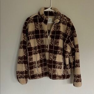 Aerie Checkered Fleece Zip-Up Jacket - Brown and Cream